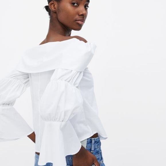 Zara Off the Shoulder Poplin Top, Size L - Picture 2 of 6